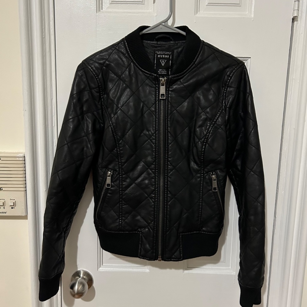 GUESS Faux Leather Quilted Bomber - Black Xtra Small